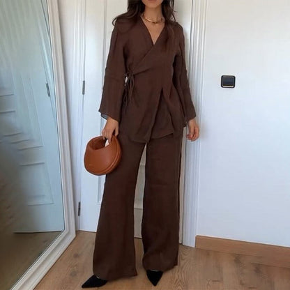 Tenue décontractée pour femmes - Style kimono - Top à double boutonnage et pantalon décontracté